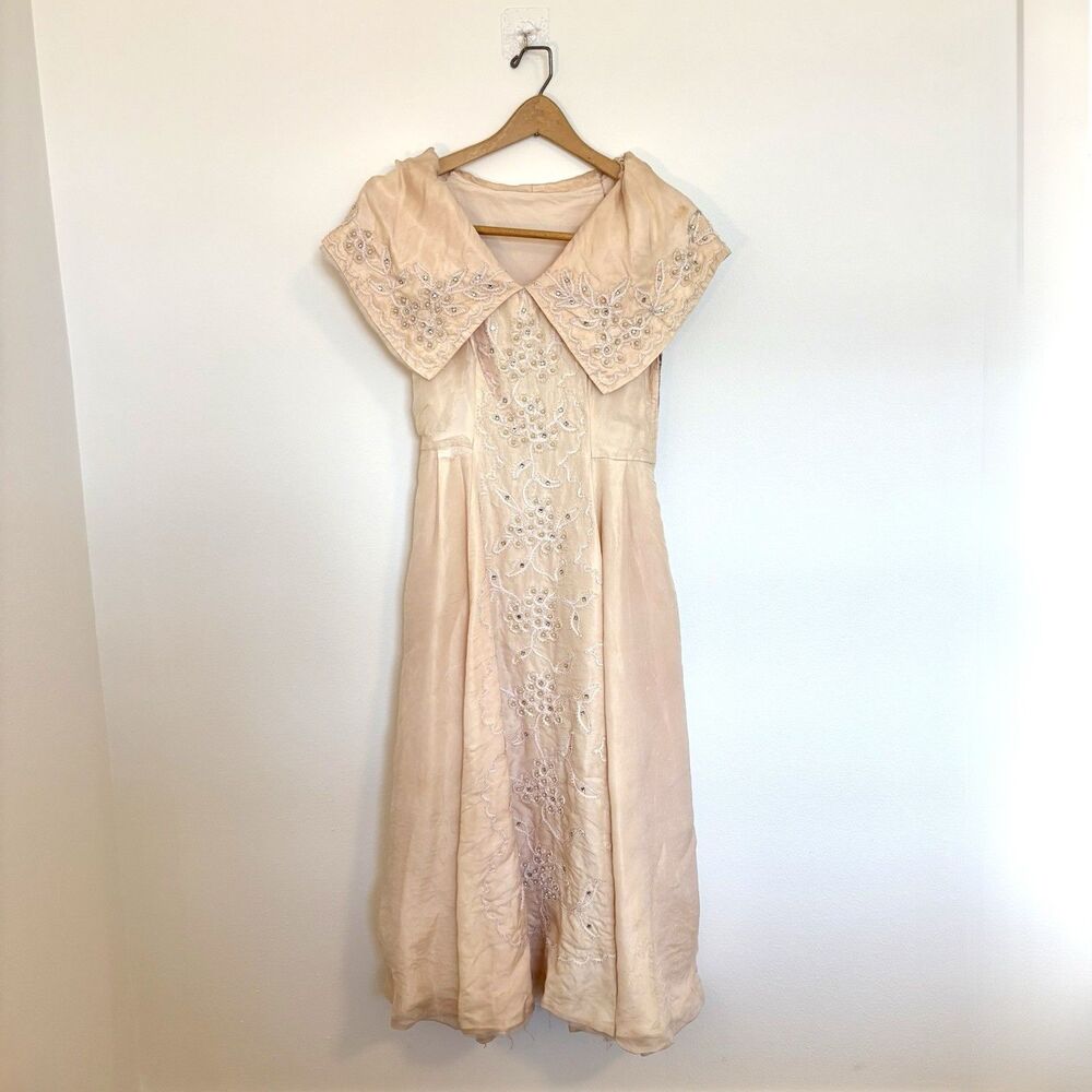 Antique 1910s Silk Satin Dress Blush Pink Beaded Edwardian Titanic Flapper Girl